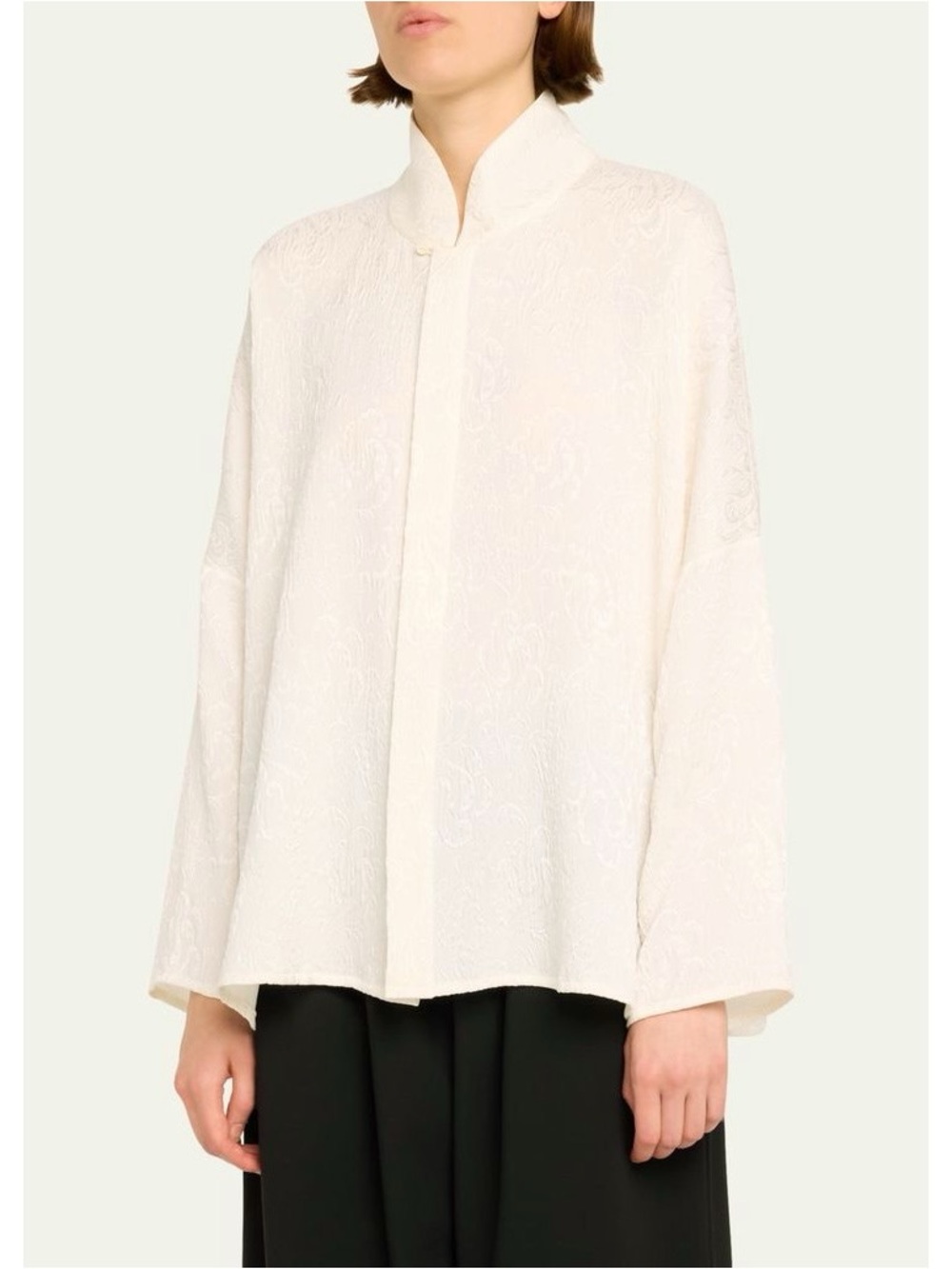 Eskandar Silk Imperial Shirt With Chinese Collar in Ivory Size 1/US 6-8